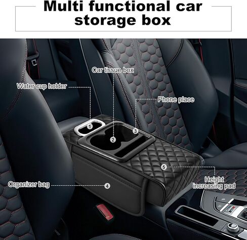 Car Armrest Cushion,5-in-1 Center Console Cover with 2 Storage Bags Cup Holder, Phone Slot for Sedans, Tissue Box Slot, Car Accessories Interior Organizers (Black) (Black-A) in Saudi Arabia