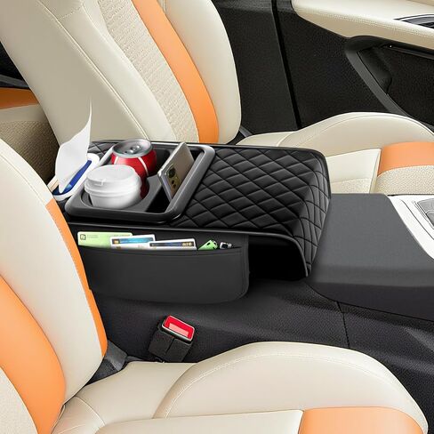 Car Armrest Cushion,5-in-1 Center Console Cover with 2 Storage Bags Cup Holder, Phone Slot for Sedans, Tissue Box Slot, Car Accessories Interior Organizers (Black) (Black-A) in Saudi Arabia
