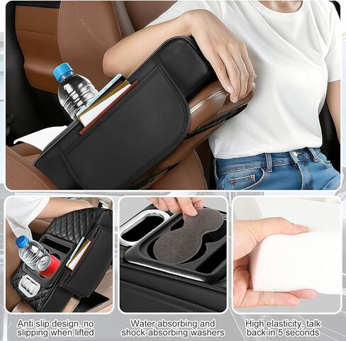 Car Armrest Cushion,5-in-1 Center Console Cover with 2 Storage Bags Cup Holder, Phone Slot for Sedans, Tissue Box Slot, Car Accessories Interior Organizers (Black) (Black-A) in Saudi Arabia