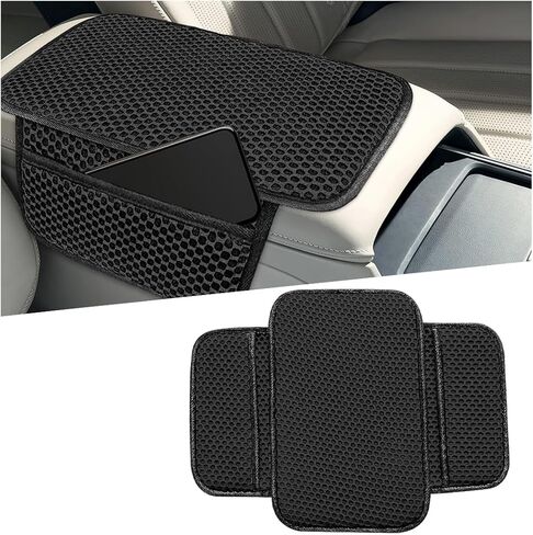 Car Center Console Cover, 3D Honeycomb Ice Silk Arm Rest Seat Box Protection Pad with 2 Storage Pocket, Breathable Automotive Middle Console Cushion Mat, Universal for Vehicles (Black) in Kuwait
