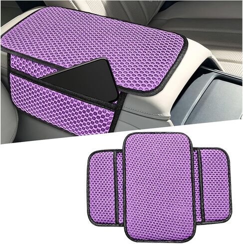 Car Center Console Cover, 3D Honeycomb Ice Silk Arm Rest Seat Box Protection Pad with 2 Storage Pocket, Breathable Automotive Middle Console Cushion Mat, Universal for Vehicles (Black) in Kuwait