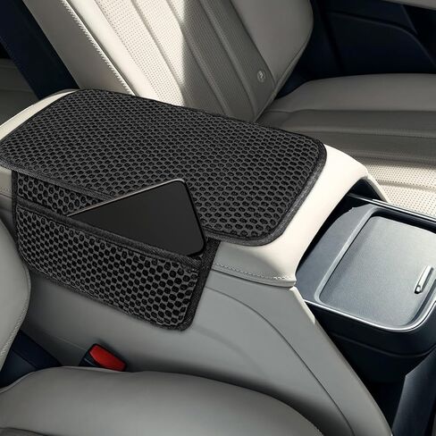 Car Center Console Cover, 3D Honeycomb Ice Silk Arm Rest Seat Box Protection Pad with 2 Storage Pocket, Breathable Automotive Middle Console Cushion Mat, Universal for Vehicles (Black) in Kuwait
