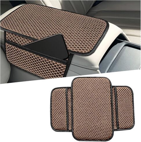 Car Center Console Cover, 3D Honeycomb Ice Silk Arm Rest Seat Box Protection Pad with 2 Storage Pocket, Breathable Automotive Middle Console Cushion Mat, Universal for Vehicles (Black) in Kuwait