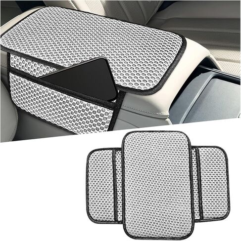 Car Center Console Cover, 3D Honeycomb Ice Silk Arm Rest Seat Box Protection Pad with 2 Storage Pocket, Breathable Automotive Middle Console Cushion Mat, Universal for Vehicles (Black) in Kuwait