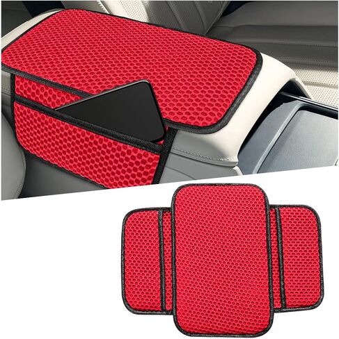 Car Center Console Cover, 3D Honeycomb Ice Silk Arm Rest Seat Box Protection Pad with 2 Storage Pocket, Breathable Automotive Middle Console Cushion Mat, Universal for Vehicles (Black) in Kuwait