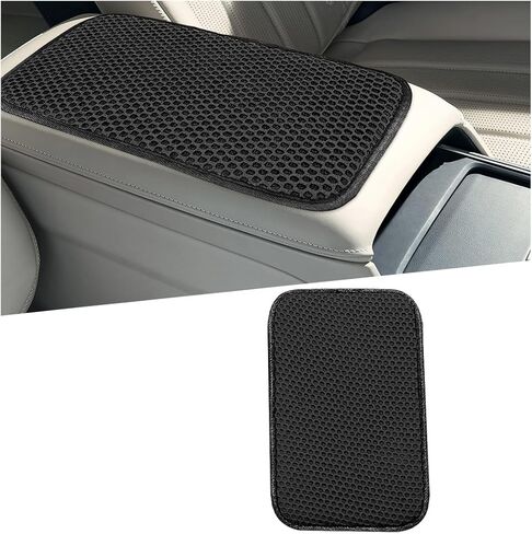 Car Center Console Cover, 3D Honeycomb Ice Silk Arm Rest Seat Box Protection Pad with 2 Storage Pocket, Breathable Automotive Middle Console Cushion Mat, Universal for Vehicles (Black) in Kuwait