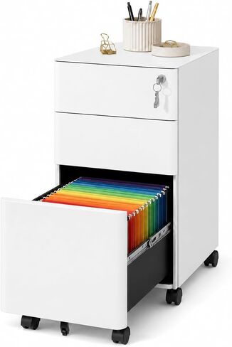 3 Drawer File Cabinet with Lock, Fully Assembled Rolling Printer Stand Under Desk, White Filing Cabinet for Legal/Letter Size, Home Office, 17.7" D x 11.8" W x 24.0" H in Saudi Arabia