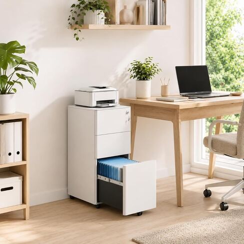 3 Drawer File Cabinet with Lock, Fully Assembled Rolling Printer Stand Under Desk, White Filing Cabinet for Legal/Letter Size, Home Office, 17.7" D x 11.8" W x 24.0" H in Saudi Arabia