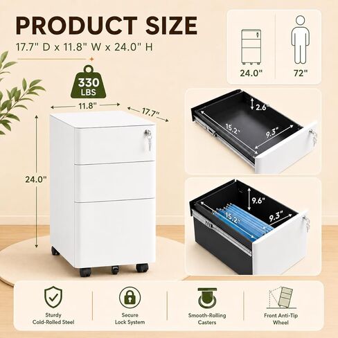 3 Drawer File Cabinet with Lock, Fully Assembled Rolling Printer Stand Under Desk, White Filing Cabinet for Legal/Letter Size, Home Office, 17.7" D x 11.8" W x 24.0" H in Saudi Arabia