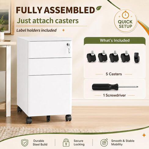 3 Drawer File Cabinet with Lock, Fully Assembled Rolling Printer Stand Under Desk, White Filing Cabinet for Legal/Letter Size, Home Office, 17.7" D x 11.8" W x 24.0" H in Saudi Arabia