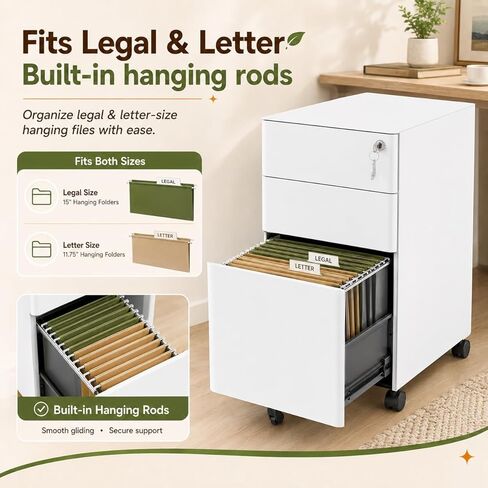 3 Drawer File Cabinet with Lock, Fully Assembled Rolling Printer Stand Under Desk, White Filing Cabinet for Legal/Letter Size, Home Office, 17.7" D x 11.8" W x 24.0" H in Saudi Arabia