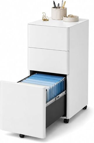 3 Drawer File Cabinet with Lock, Fully Assembled Rolling Printer Stand Under Desk, White Filing Cabinet for Legal/Letter Size, Home Office, 17.7" D x 11.8" W x 24.0" H in Saudi Arabia