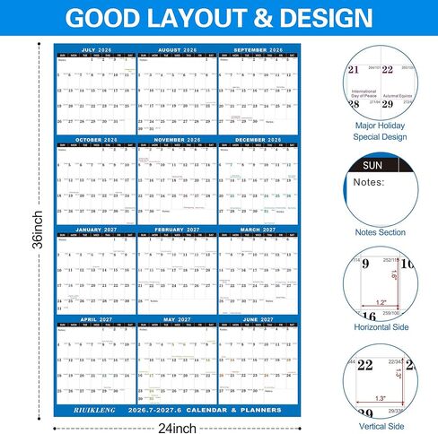 24"x36" Large Academic Wall Calendar 2026-2027, Jul 2026 - Jun 2027, 12 Months Reversible Yearly Planner, Wet & Dry Erase Laminated Erasable Large Calendar, Vertical/Horizontal Reversible, Yearly Wall Planner with Julian Dates in Saudi Arabia