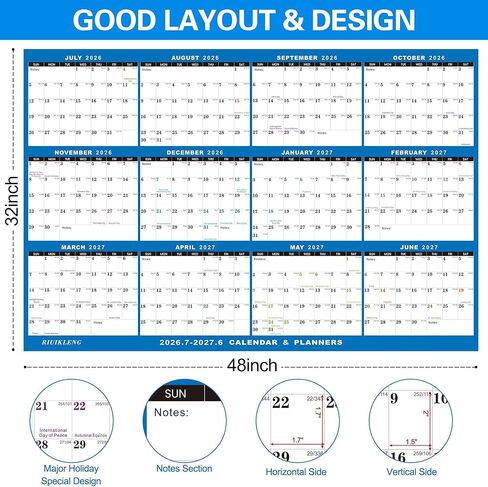 32"x48" Large Academic Wall Calendar 2026-2027, Jul 2026 - Jun 2027, 12 Months Reversible Yearly Planner, Wet & Dry Erase Laminated Erasable Large Calendar, Vertical/Horizontal Reversible, Yearly Wall Planner with Julian Dates in Saudi Arabia