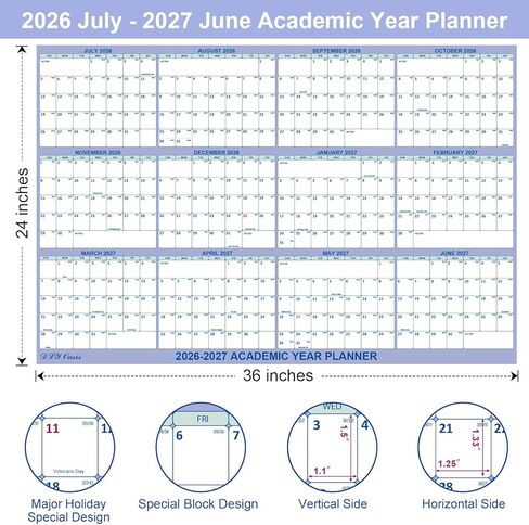 24" x 36" Academic Wall Calendar 2026-2027, July 2026 - June 2027 Folded Wet & Dry Erase, Large Wall Calendar 12 Month, Vertical/Horizontal Reversible, School Yearly Wall Planner with Julian Dates in Saudi Arabia
