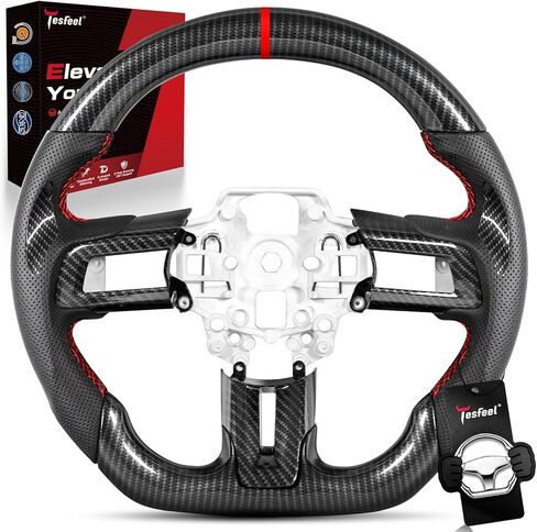 Hydro-Dip Carbon Fiber Steering Wheel for Mustang 2018-2023, D-Shape, Blue Stitching&Stripe, Perforated Leather, with Trim Piece, for GT/EcoBoost/Bullitt/Mach 1/for Shelby GT350/GT350R in Saudi Arabia