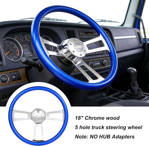 18 inch Wood Truck Steering Wheel 5 bolts 3 Spoke Aluminum Chrome Plated Steering Wheel for Semi Trailers,Trucks for Kenworth,for Peterbilt,for Volvo, for Freightliner (Blue) in Kuwait