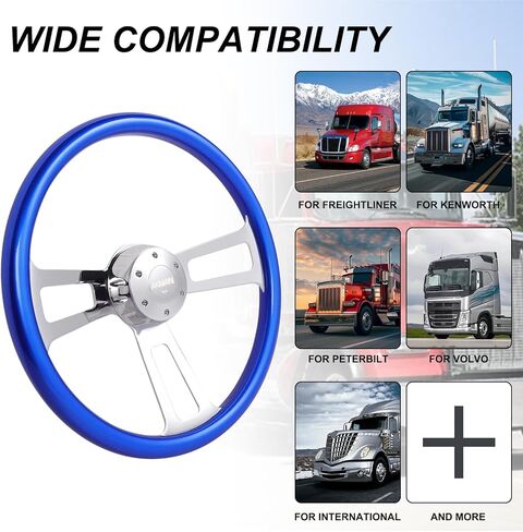 18 inch Wood Truck Steering Wheel 5 bolts 3 Spoke Aluminum Chrome Plated Steering Wheel for Semi Trailers,Trucks for Kenworth,for Peterbilt,for Volvo, for Freightliner (Blue) in Kuwait