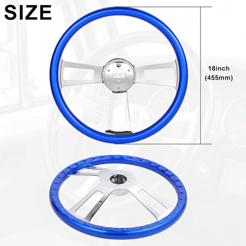 18 inch Wood Truck Steering Wheel 5 bolts 3 Spoke Aluminum Chrome Plated Steering Wheel for Semi Trailers,Trucks for Kenworth,for Peterbilt,for Volvo, for Freightliner (Blue) in Kuwait