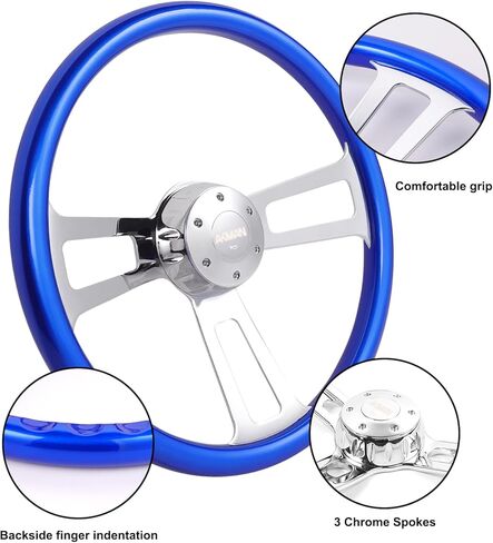 18 inch Wood Truck Steering Wheel 5 bolts 3 Spoke Aluminum Chrome Plated Steering Wheel for Semi Trailers,Trucks for Kenworth,for Peterbilt,for Volvo, for Freightliner (Blue) in Kuwait