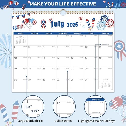 Calendar 2026-2027 - Wall Calendar 2026-2027, July 2026 - December 2027, 18-Month Wall Calendar, 15" x 11.5", Twin-Wire Binding, Holidays, Julian Dates, Thick Paper in Kuwait