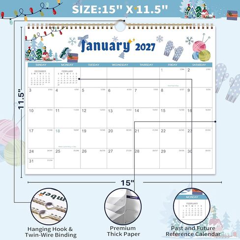 Calendar 2026-2027 - Wall Calendar 2026-2027, July 2026 - December 2027, 18-Month Wall Calendar, 15" x 11.5", Twin-Wire Binding, Holidays, Julian Dates, Thick Paper in Kuwait