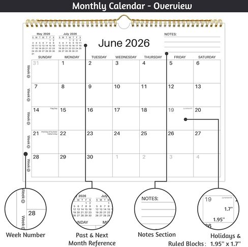 تقويم حائط 2026-2027 - يونيو 2026 - ديسمبر 2027، 19 تقويمًا شهريًا 2026-2027، 14.6 بوصة × 11.42 بوصة، مع كتل يومية كبيرة، ورق سميك، عطلات، أرقام الأسبوع وملاحظات، تصميم بسيط in Kuwait