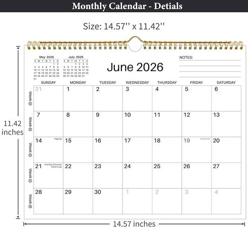 تقويم حائط 2026-2027 - يونيو 2026 - ديسمبر 2027، 19 تقويمًا شهريًا 2026-2027، 14.6 بوصة × 11.42 بوصة، مع كتل يومية كبيرة، ورق سميك، عطلات، أرقام الأسبوع وملاحظات، تصميم بسيط in Kuwait