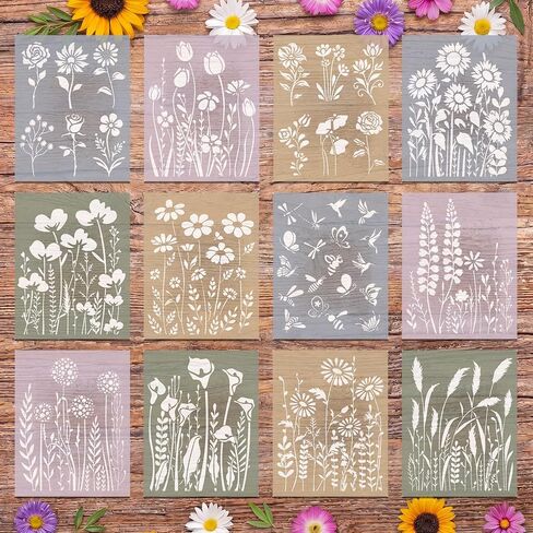 Colarr 12 Pack Large Flower Stencils for Painting Reusable, Sunflower Butterfly Plant Stencils Template for Wood Wall Rock Fabric Furniture DIY Crafts Art Supplie(11 * 8.5 in,Large Flower) in Kuwait