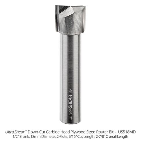 Undersized Plywood Router Bit, 18mm CD, 1/2" Shank, 2-Flute Carbide Head, Down Cut Spiral for Mortising, Dado & Grooves, USA Made in Saudi Arabia