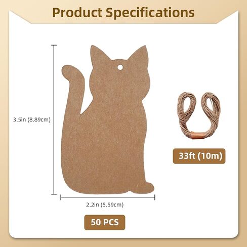 Ovenbird 50 Pcs Price Tags with String, Cute Cat-Shaped Blank Kraft Paper Tags for Gifts, Wedding Favor, Thank You Notes, 3.5 x 2.2 Inch in Kuwait