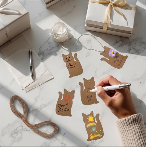 Ovenbird 50 Pcs Price Tags with String, Cute Cat-Shaped Blank Kraft Paper Tags for Gifts, Wedding Favor, Thank You Notes, 3.5 x 2.2 Inch in Kuwait