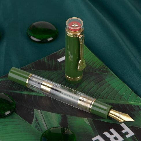 قلم حبر من سلسلة Jinhao 1935 Tiandao، مقاس 8 متوسط ​​اللون أخضر عسكري وأكريليك شفاف مع مشبك جيتار ومحول ذو سعة كبيرة in Kuwait