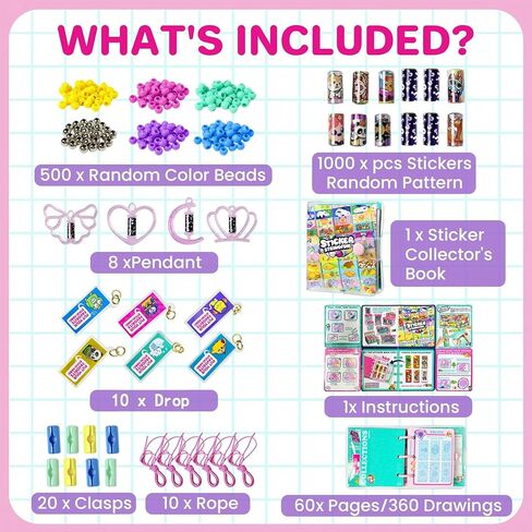 Sticky Rolls Bracelet Kit with Collection Book, 1000 Mini Sticker Set, Wearable & Shareable Sticky Rolls, Kids Beading Set for Bracelet & Necklace Making, 1000+ Designs (8 x Pendant & 10x Drop) in Saudi Arabia