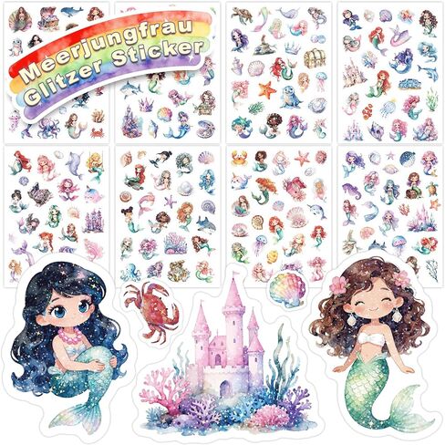 Mermaid Glitter Stickers for Kids,8 PCS Cute Mermaid Stickers for Scrapbooking, Teachers Classroom Prizes, Birthday Gift Idea, Party Favors,Laptop Stickers for Girls Boys Students Decorations in Kuwait