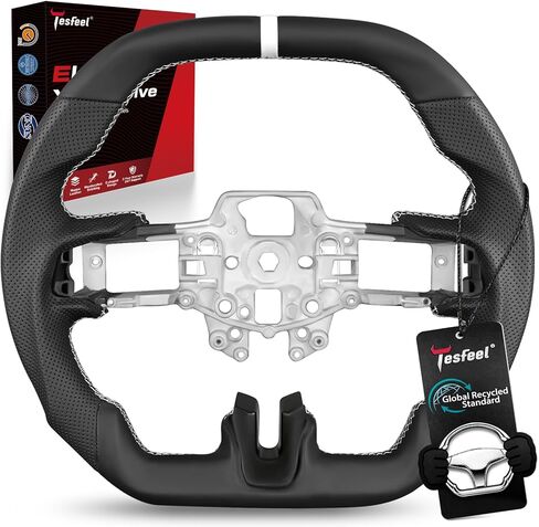 Steering Wheel for Ford Mustang (EcoBoost, GT,V6) 2015-2017 & for Shelby GT350/GT350R 2016-2017, Full Nappa Perforated Leather, Double D-Shape Flat Top & Bottom,White Stripe & Stitching in Saudi Arabia