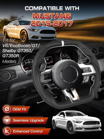 Steering Wheel for Ford Mustang (EcoBoost, GT,V6) 2015-2017 & for Shelby GT350/GT350R 2016-2017, Full Nappa Perforated Leather, Double D-Shape Flat Top & Bottom,White Stripe & Stitching in Saudi Arabia