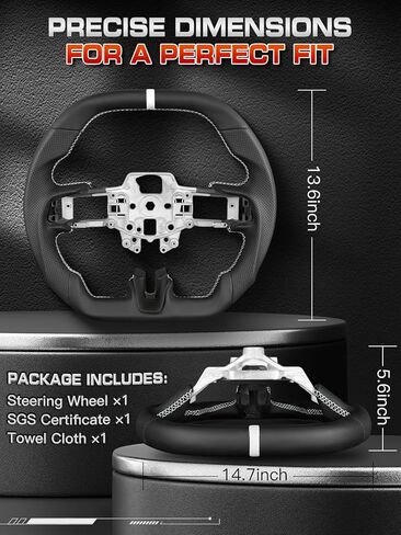 Steering Wheel for Ford Mustang (EcoBoost, GT,V6) 2015-2017 & for Shelby GT350/GT350R 2016-2017, Full Nappa Perforated Leather, Double D-Shape Flat Top & Bottom,White Stripe & Stitching in Saudi Arabia