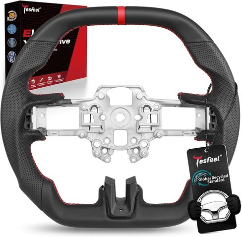 Steering Wheel for Ford Mustang (EcoBoost, GT,V6) 2015-2017 & for Shelby GT350/GT350R 2016-2017, Full Nappa Perforated Leather, Double D-Shape Flat Top & Bottom,White Stripe & Stitching in Saudi Arabia