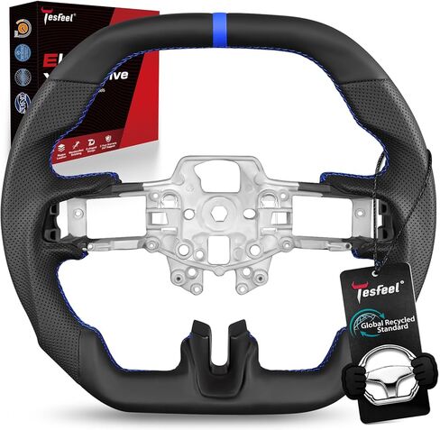 Steering Wheel for Ford Mustang (EcoBoost, GT,V6) 2015-2017 & for Shelby GT350/GT350R 2016-2017, Full Nappa Perforated Leather, Double D-Shape Flat Top & Bottom,White Stripe & Stitching in Saudi Arabia