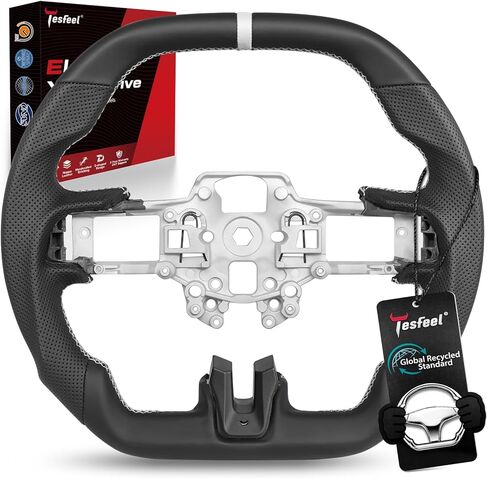 Steering Wheel for Ford Mustang (EcoBoost, GT,V6) 2015-2017 & for Shelby GT350/GT350R 2016-2017, Full Nappa Perforated Leather, Double D-Shape Flat Top & Bottom,White Stripe & Stitching in Saudi Arabia