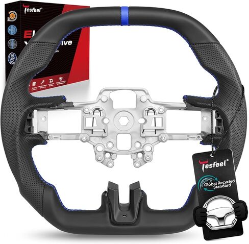 Steering Wheel for Ford Mustang (EcoBoost, GT,V6) 2015-2017 & for Shelby GT350/GT350R 2016-2017, Full Nappa Perforated Leather, Double D-Shape Flat Top & Bottom,White Stripe & Stitching in Saudi Arabia