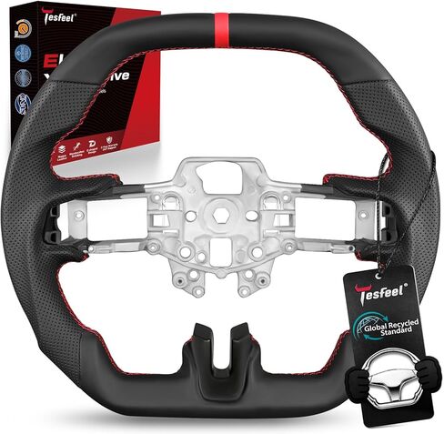 Steering Wheel for Ford Mustang (EcoBoost, GT,V6) 2015-2017 & for Shelby GT350/GT350R 2016-2017, Full Nappa Perforated Leather, Double D-Shape Flat Top & Bottom,White Stripe & Stitching in Saudi Arabia