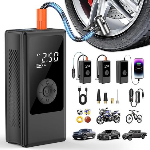 Portable Tire Inflator, Dual Power Supply (12V Car Adapter&Cordless) Car Tire Pump, 150PSI Air Pump & Power Bank, Tire Air Pump with Dual Display for Car, Motorcycle, Bike, Ball in Kuwait