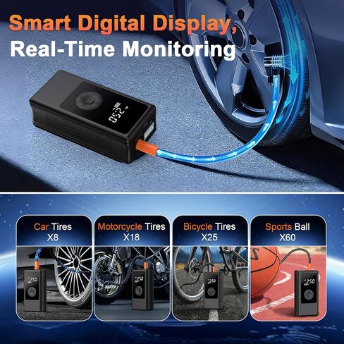 Portable Tire Inflator, Dual Power Supply (12V Car Adapter&Cordless) Car Tire Pump, 150PSI Air Pump & Power Bank, Tire Air Pump with Dual Display for Car, Motorcycle, Bike, Ball in Kuwait