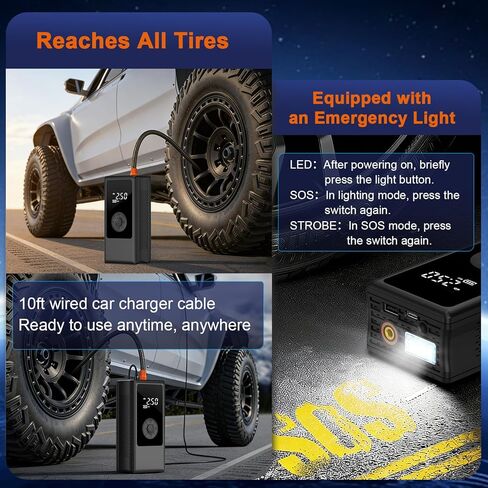 Portable Tire Inflator, Dual Power Supply (12V Car Adapter&Cordless) Car Tire Pump, 150PSI Air Pump & Power Bank, Tire Air Pump with Dual Display for Car, Motorcycle, Bike, Ball in Kuwait