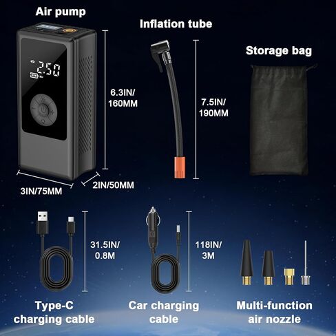 Portable Tire Inflator, Dual Power Supply (12V Car Adapter&Cordless) Car Tire Pump, 150PSI Air Pump & Power Bank, Tire Air Pump with Dual Display for Car, Motorcycle, Bike, Ball in Kuwait