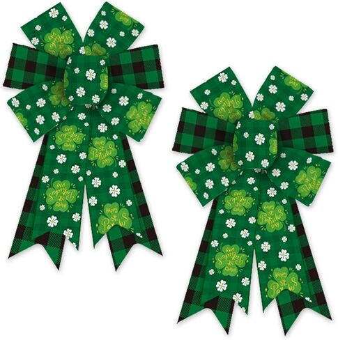 Heureppy 2 Pack Irish St. Patrick's Day Burlap Linen Wreath Bows, Green Plaid Clover Shamrock Decor for Front Door, Tree Topper, Indoor Outdoor Use in Kuwait