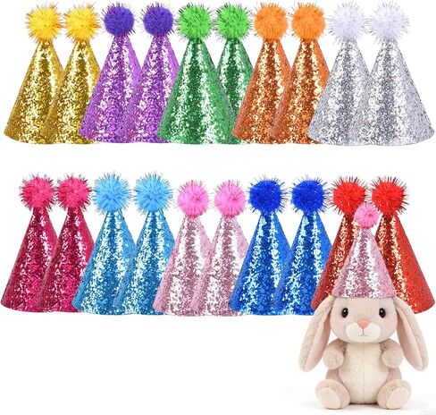20 Pack Mini Birthday Hats for Stuffed - Animals with Pom Poms Glitter for Small Pets Stuffed Animal Hats Grooming Costume Accessories in Saudi Arabia
