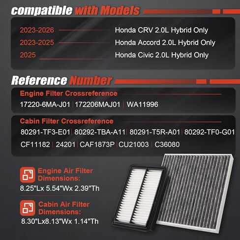 Engine & Cabin Air Filter Kit for CR-V Hybrid 2023–2026, Accord Hybrid 2023–2025, Civic Hybrid 2025, Replacement 17220-6MA-J01 & 80292-TF0-G01, 2.0L Hybrid Only (Not for Gas or 1.5L) in Saudi Arabia
